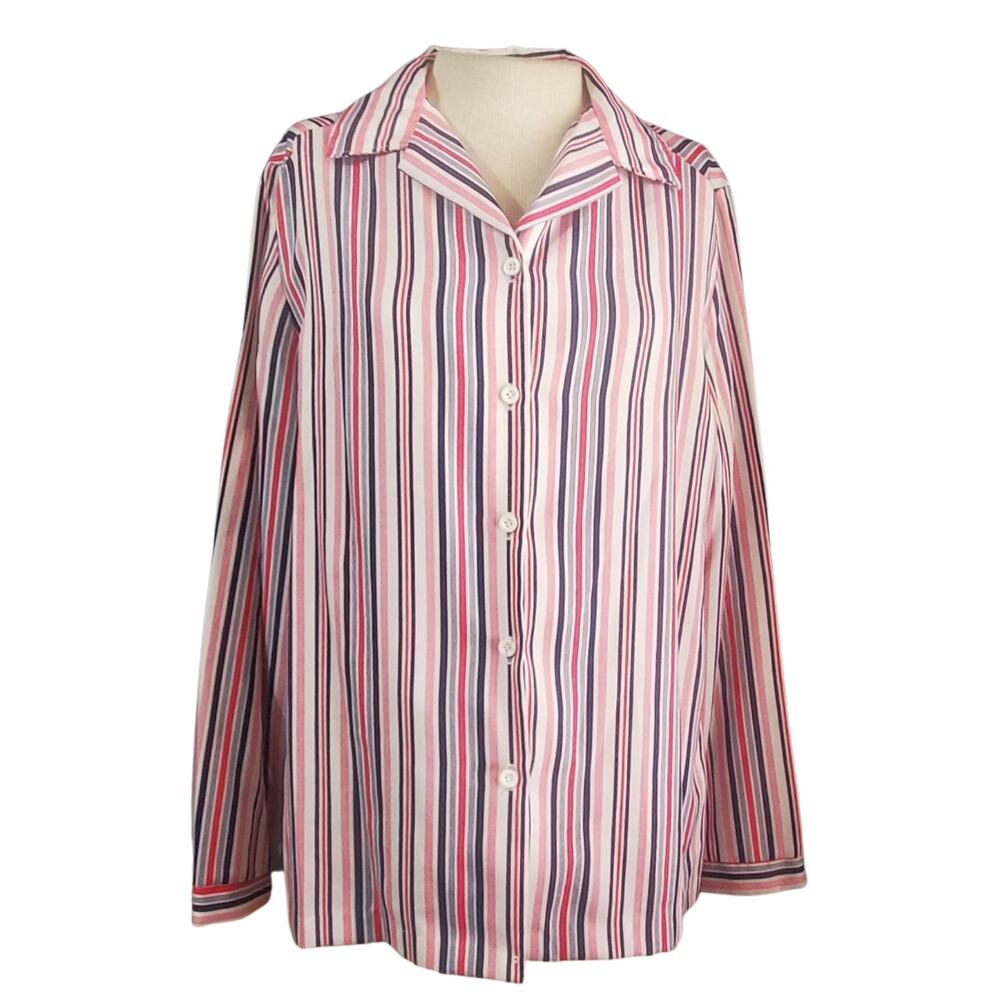 Vintage 70s Pink Blue and White Striped Polyester Blouse Size Large